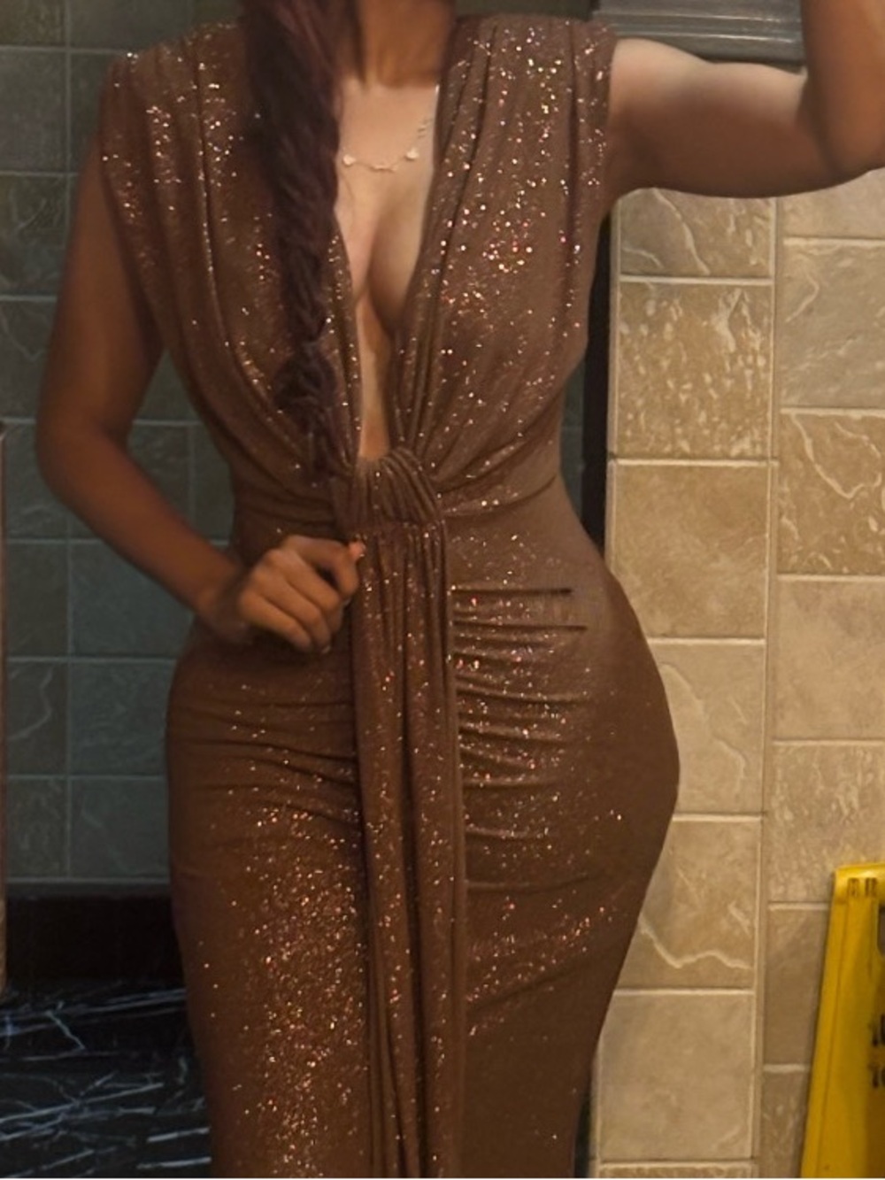 Elegant Brown Sparkle Deep-V Evening Dress